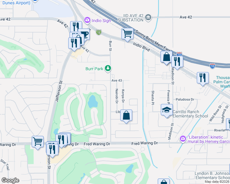 map of restaurants, bars, coffee shops, grocery stores, and more near 43214 Nairobi Drive in Indio