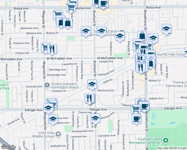 map of restaurants, bars, coffee shops, grocery stores, and more near 9530 Calendula Avenue in Westminster