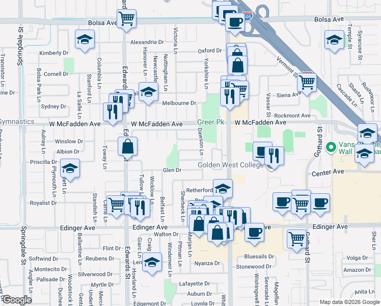 map of restaurants, bars, coffee shops, grocery stores, and more near 6851 Sunview Drive in Huntington Beach