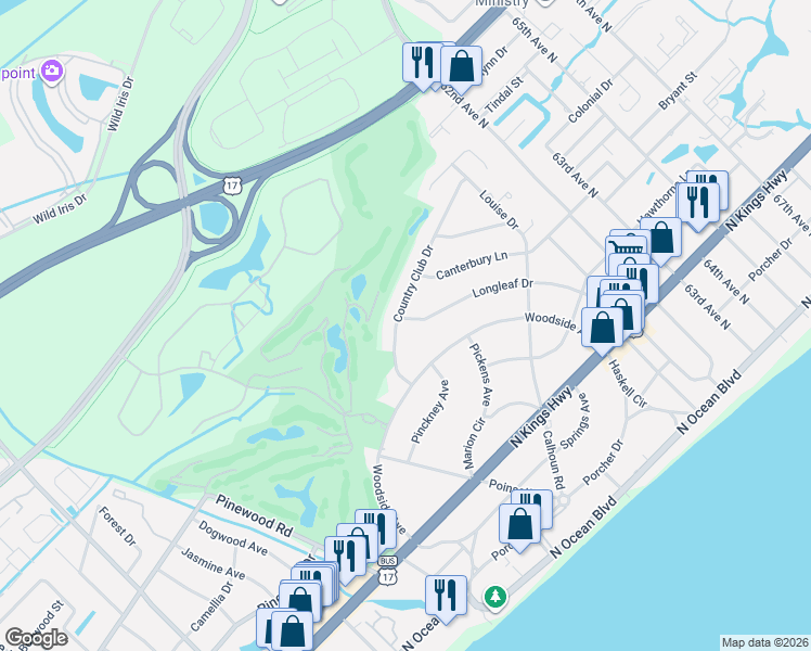 map of restaurants, bars, coffee shops, grocery stores, and more near 5616 Country Club Drive in Myrtle Beach