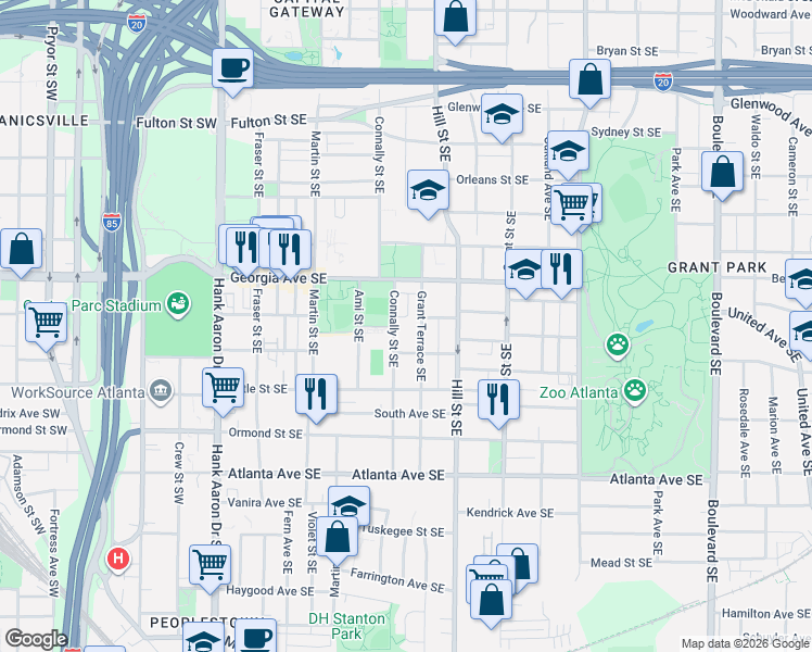 map of restaurants, bars, coffee shops, grocery stores, and more near 720 Connally Street Southeast in Atlanta