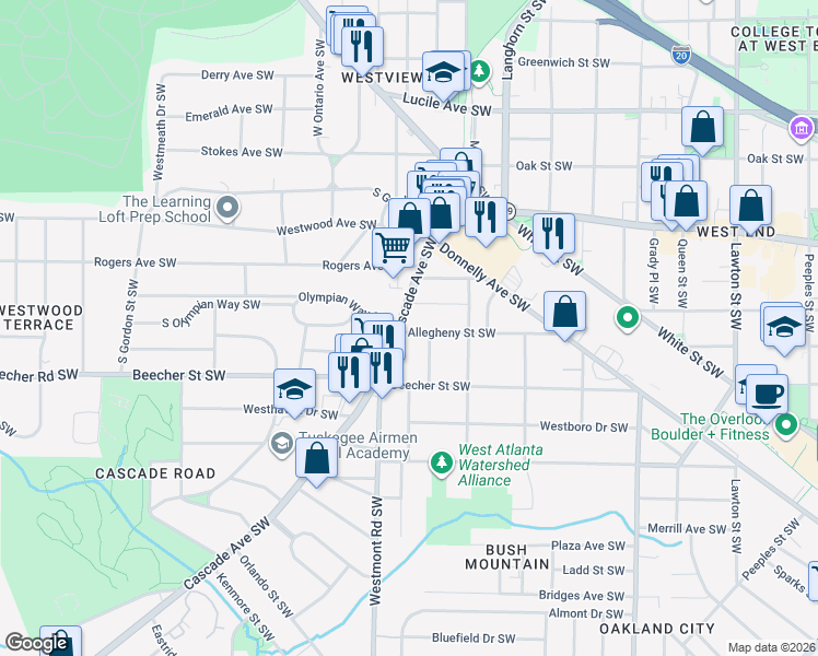 map of restaurants, bars, coffee shops, grocery stores, and more near 746 Cascade Avenue Southwest in Atlanta
