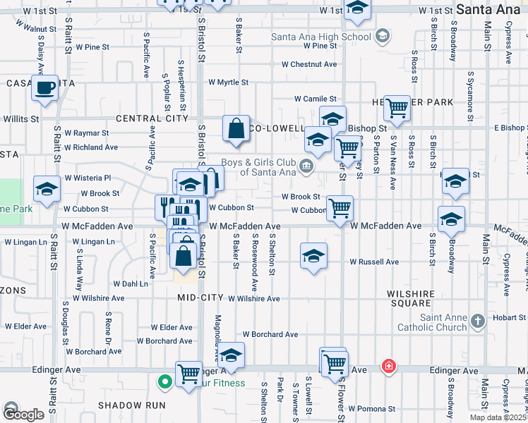 map of restaurants, bars, coffee shops, grocery stores, and more near 1110 West Cubbon Street in Santa Ana
