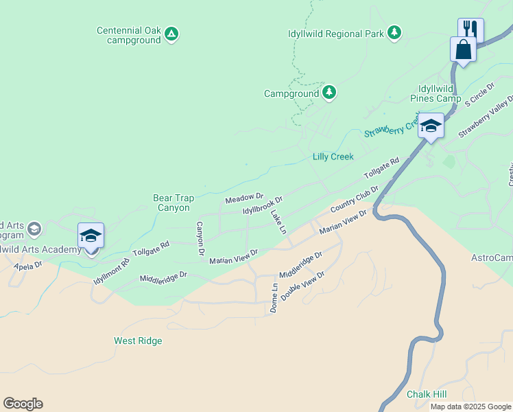map of restaurants, bars, coffee shops, grocery stores, and more near 53340 Idyllbrook Drive in Idyllwild-Pine Cove