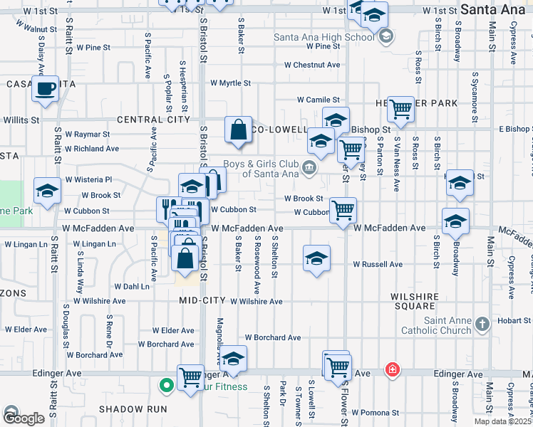 map of restaurants, bars, coffee shops, grocery stores, and more near 1110 West Cubbon Street in Santa Ana