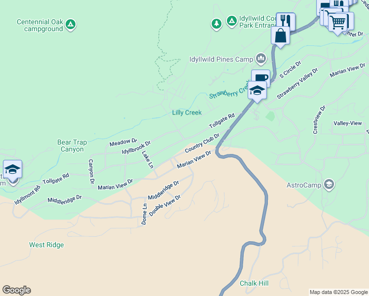 map of restaurants, bars, coffee shops, grocery stores, and more near 53590 Country Club Drive in Idyllwild-Pine Cove
