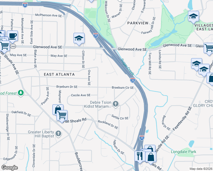 map of restaurants, bars, coffee shops, grocery stores, and more near 1812 Braeburn Circle Southeast in Atlanta