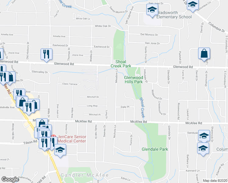 map of restaurants, bars, coffee shops, grocery stores, and more near 1909 Meadow Lane in Decatur