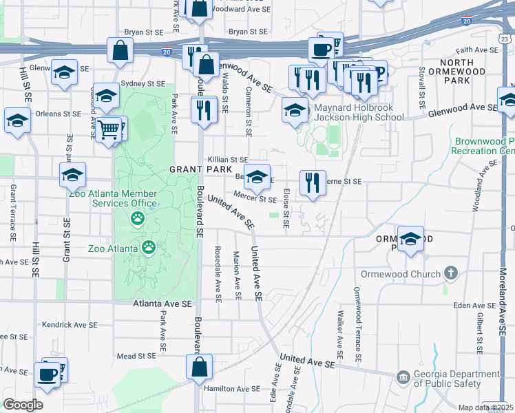 map of restaurants, bars, coffee shops, grocery stores, and more near 685 Mercer Street Southeast in Atlanta