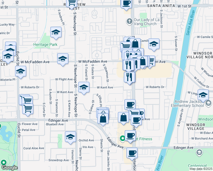 map of restaurants, bars, coffee shops, grocery stores, and more near 4105 West Kent Avenue in Santa Ana