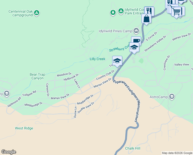 map of restaurants, bars, coffee shops, grocery stores, and more near 53590 Country Club Drive in Idyllwild-Pine Cove