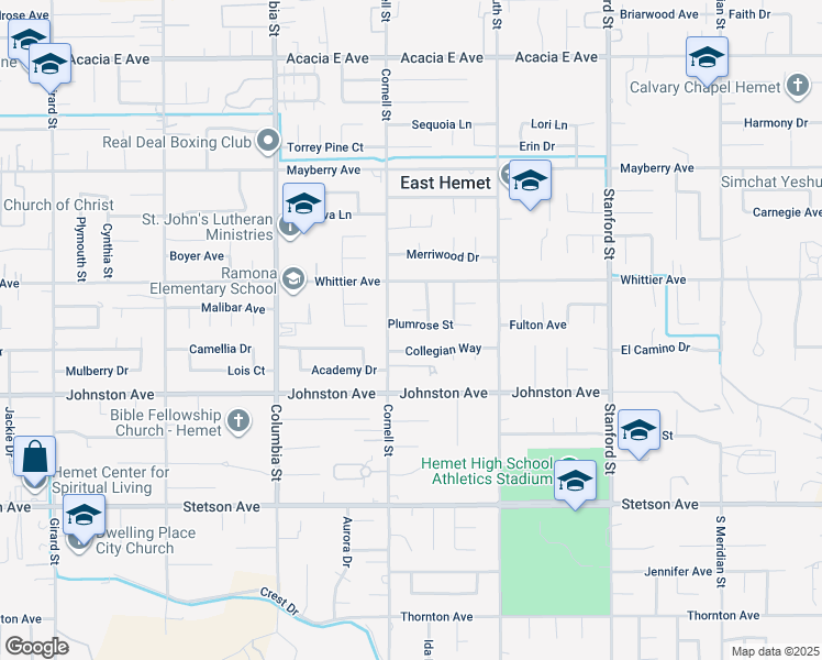 map of restaurants, bars, coffee shops, grocery stores, and more near 41297 Plumrose Street in Hemet