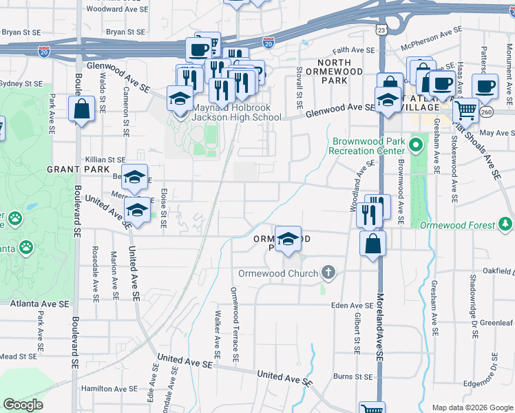 map of restaurants, bars, coffee shops, grocery stores, and more near 931 Mercer St SE in Atlanta
