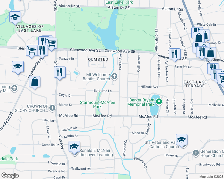 map of restaurants, bars, coffee shops, grocery stores, and more near 2104 Barberrie Lane in Decatur