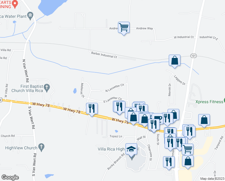 map of restaurants, bars, coffee shops, grocery stores, and more near 926 North Lassetter Circle in Villa Rica