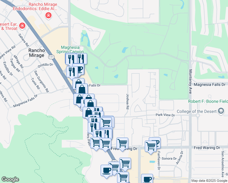map of restaurants, bars, coffee shops, grocery stores, and more near 72382 Desert Drive in Rancho Mirage