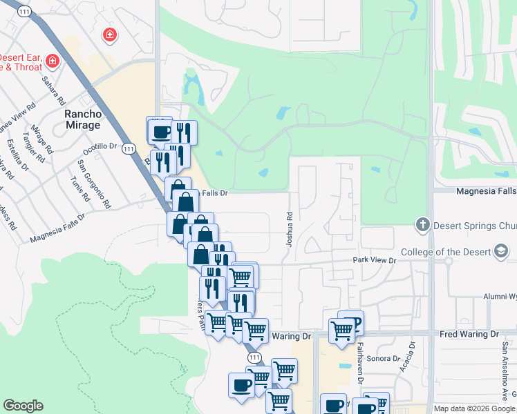 map of restaurants, bars, coffee shops, grocery stores, and more near 72382 Desert Drive in Rancho Mirage