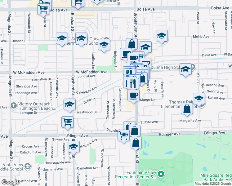 map of restaurants, bars, coffee shops, grocery stores, and more near 15691 Candlewood Street in Westminster