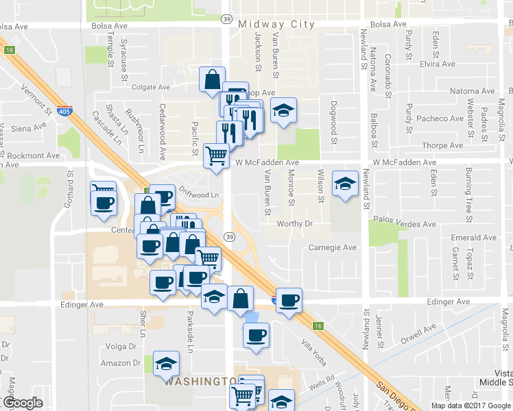 map of restaurants, bars, coffee shops, grocery stores, and more near 8028 Worthy Drive in Westminster