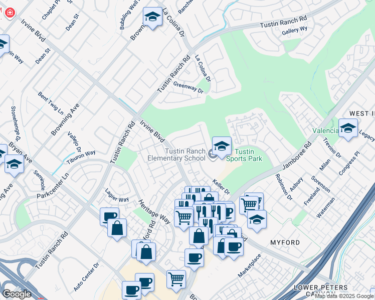 map of restaurants, bars, coffee shops, grocery stores, and more near 12910 Mackenzie Drive in Tustin