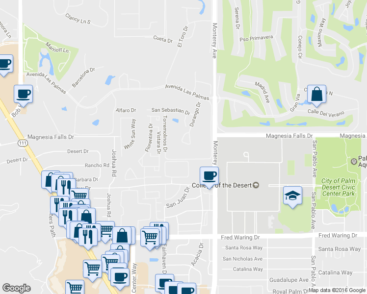 map of restaurants, bars, coffee shops, grocery stores, and more near 79 Durango Circle in Rancho Mirage