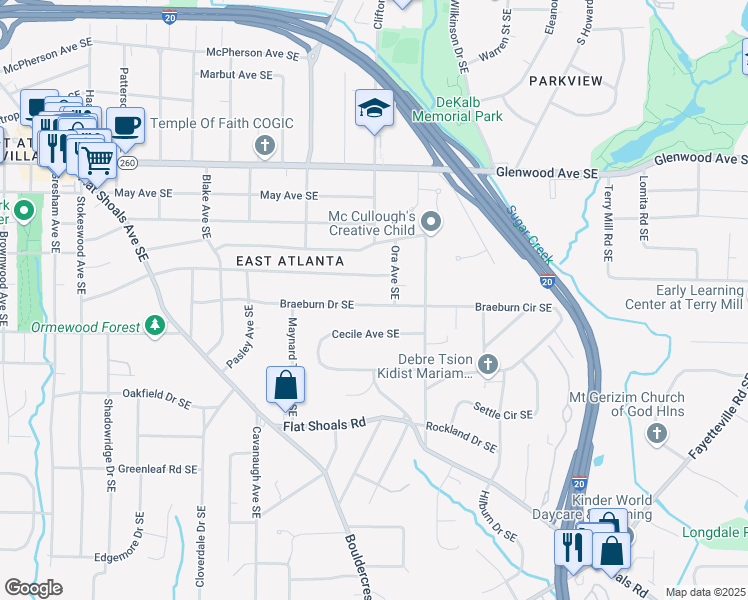 map of restaurants, bars, coffee shops, grocery stores, and more near 1700 Braeburn Drive Southeast in Atlanta