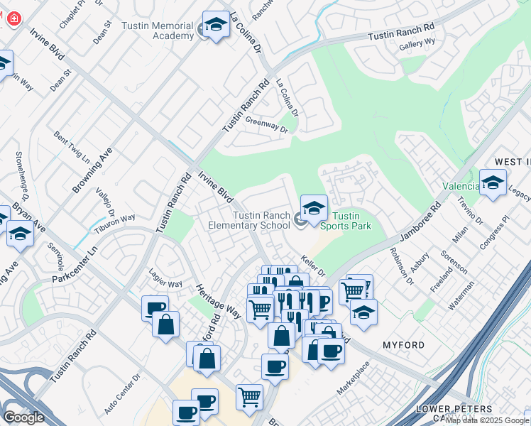 map of restaurants, bars, coffee shops, grocery stores, and more near 12910 Mackenzie Drive in Tustin