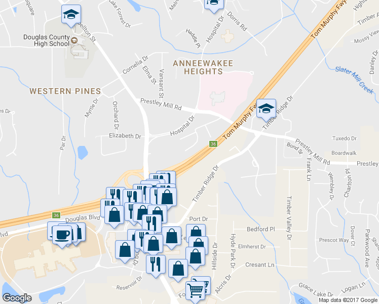 map of restaurants, bars, coffee shops, grocery stores, and more near 9053 Stoneleigh Trce in Douglasville