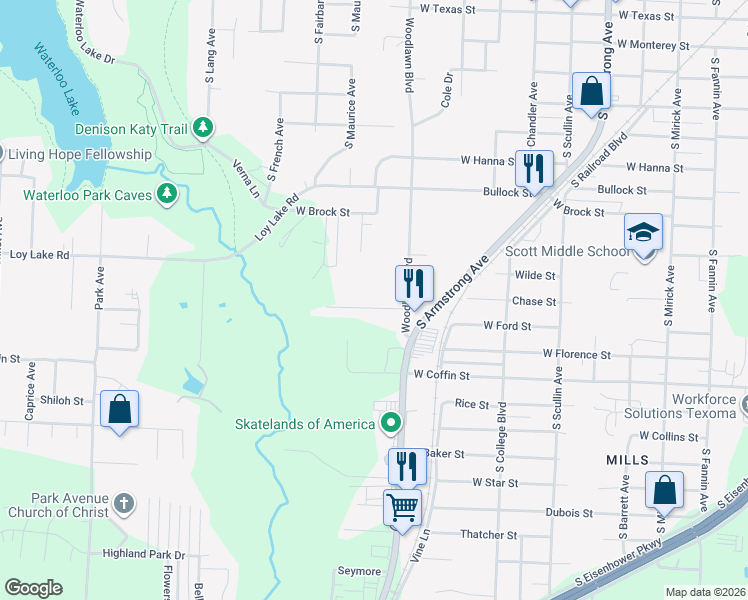 map of restaurants, bars, coffee shops, grocery stores, and more near 1321 Crestview Drive in Denison