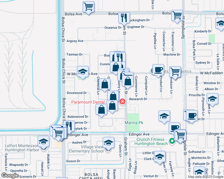 map of restaurants, bars, coffee shops, grocery stores, and more near 15632-15672 Container Ln in Huntington Beach