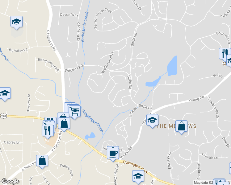 map of restaurants, bars, coffee shops, grocery stores, and more near 4968 Penscot Way in Stone Mountain