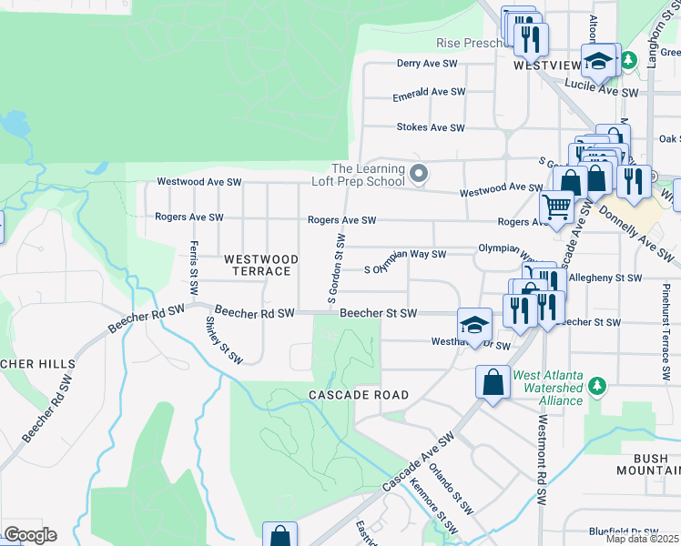 map of restaurants, bars, coffee shops, grocery stores, and more near 1886 South Gordon Street Southwest in Atlanta