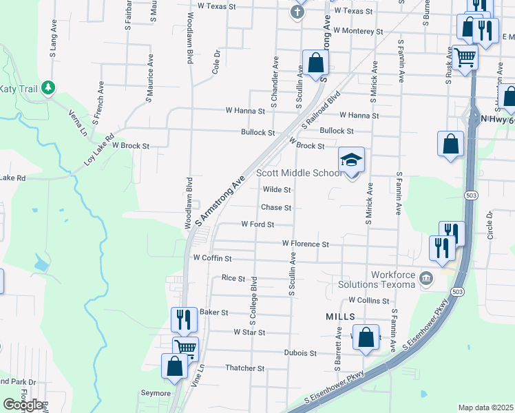 map of restaurants, bars, coffee shops, grocery stores, and more near 919 West Chase Street in Denison