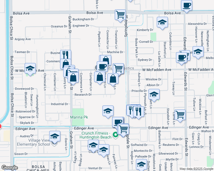 map of restaurants, bars, coffee shops, grocery stores, and more near 15632 Product Lane in Huntington Beach