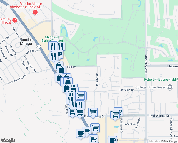 map of restaurants, bars, coffee shops, grocery stores, and more near 72408 Desert Drive in Rancho Mirage