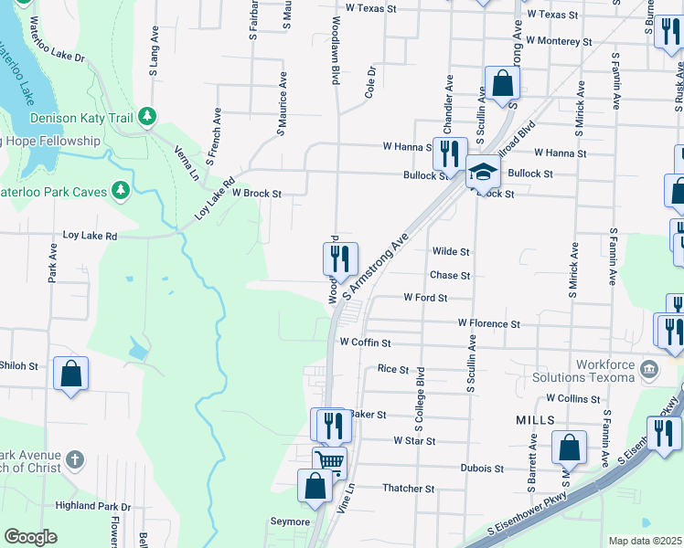 map of restaurants, bars, coffee shops, grocery stores, and more near 1227 Kawahee Lane in Denison