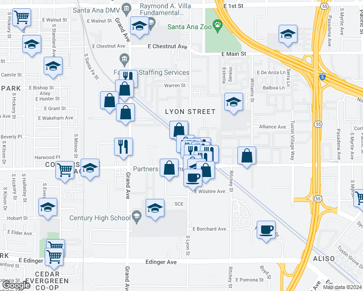map of restaurants, bars, coffee shops, grocery stores, and more near 1609 East McFadden Avenue in Santa Ana