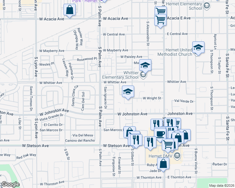 map of restaurants, bars, coffee shops, grocery stores, and more near 785 Madera Street in Hemet