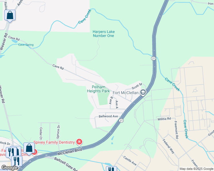 map of restaurants, bars, coffee shops, grocery stores, and more near 270 Cave Road in Anniston