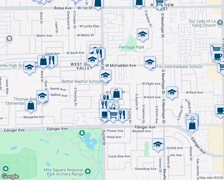 map of restaurants, bars, coffee shops, grocery stores, and more near 5101 West Roberts Drive in Santa Ana