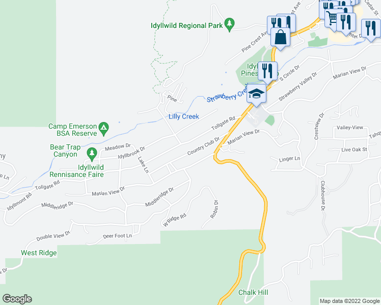 map of restaurants, bars, coffee shops, grocery stores, and more near Country Club Drive in Idyllwild-Pine Cove