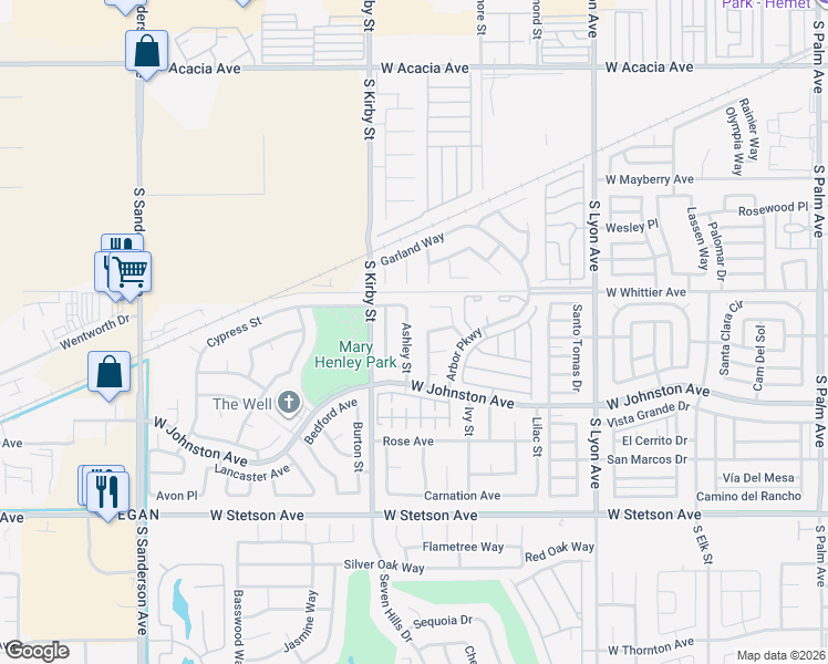 map of restaurants, bars, coffee shops, grocery stores, and more near 791 Sweetpea Street in Hemet