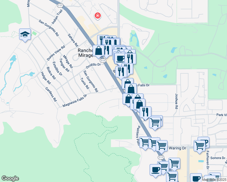 map of restaurants, bars, coffee shops, grocery stores, and more near 71956 Magnesia Falls Drive in Rancho Mirage