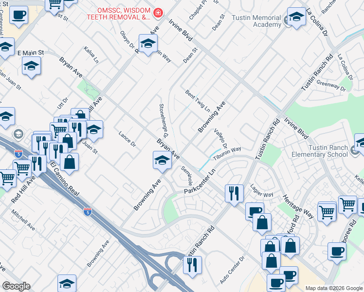 map of restaurants, bars, coffee shops, grocery stores, and more near 1972 Red Mill Circle in Tustin