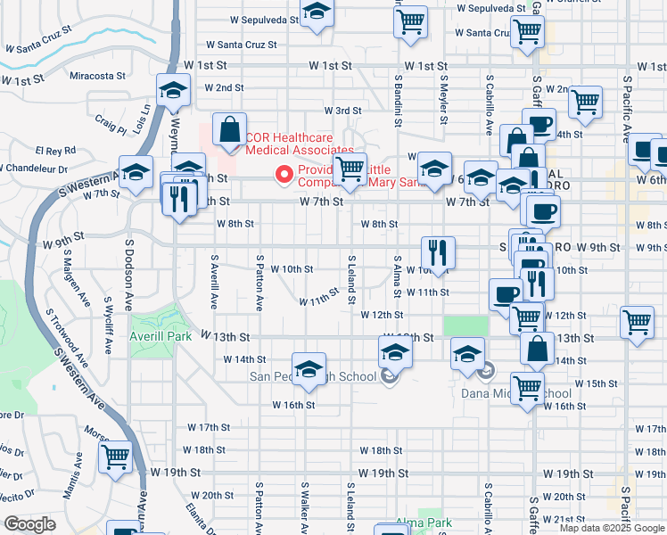 map of restaurants, bars, coffee shops, grocery stores, and more near 1138 West 10th Street in Los Angeles