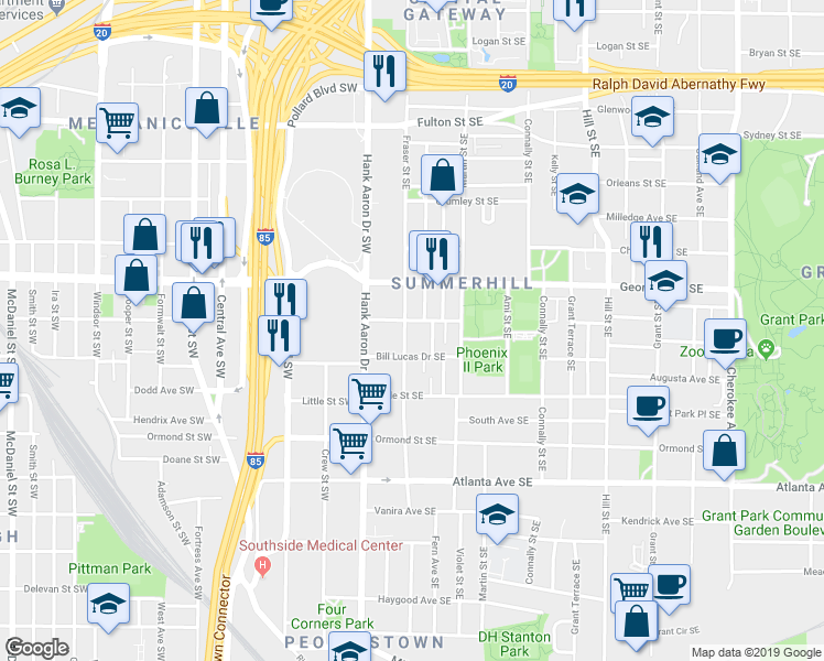 map of restaurants, bars, coffee shops, grocery stores, and more near 710 Fraser Street Southeast in Atlanta