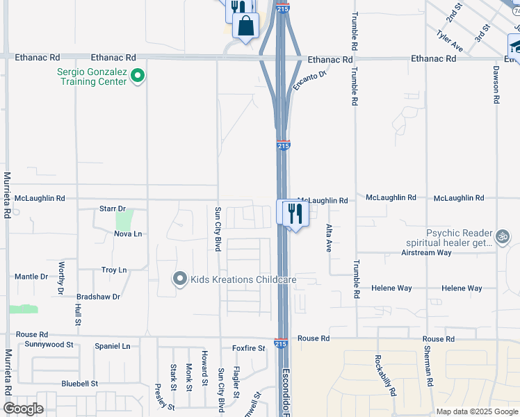 map of restaurants, bars, coffee shops, grocery stores, and more near 26542 Collins Street in Menifee