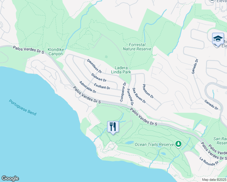 map of restaurants, bars, coffee shops, grocery stores, and more near 3938 Exultant Drive in Rancho Palos Verdes