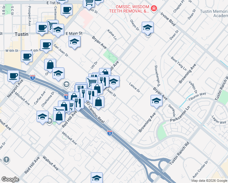 map of restaurants, bars, coffee shops, grocery stores, and more near 1701 San Juan Street in Tustin