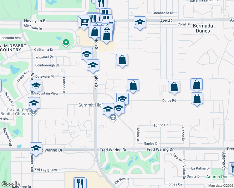 map of restaurants, bars, coffee shops, grocery stores, and more near 43100 Palm Royale Drive in La Quinta